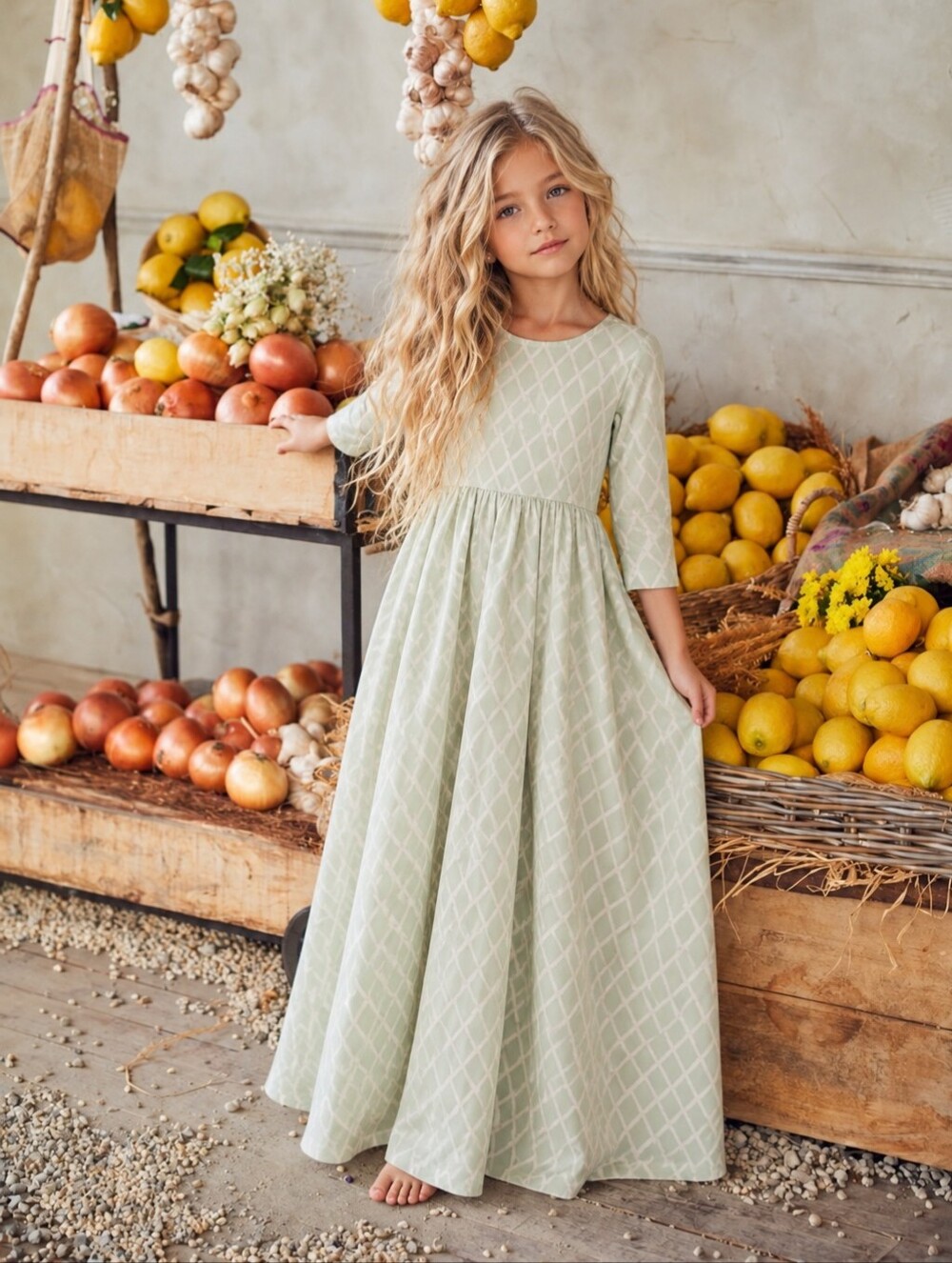 Omi Jo Girls Size 6 Mint Green Diamond Print Maxi Twirl Dress GUC
